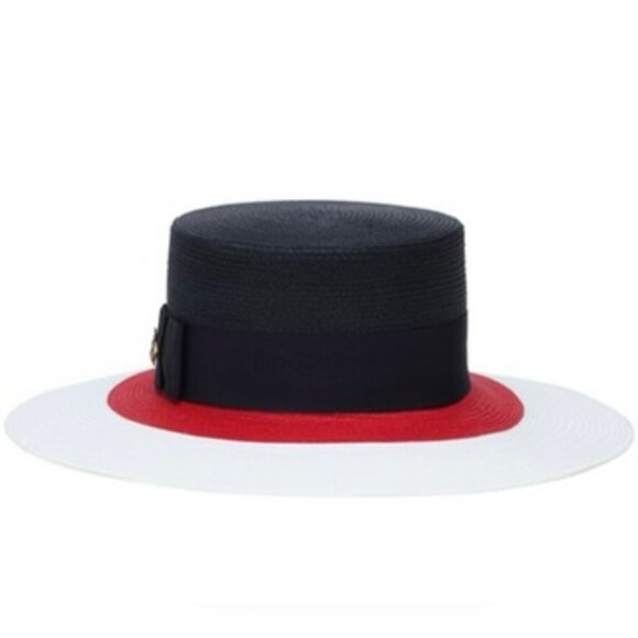 NWT Gucci Blue/Red/White Papier Wide Brim Straw Bee Hat Size L $590.00 *2023* main image 8